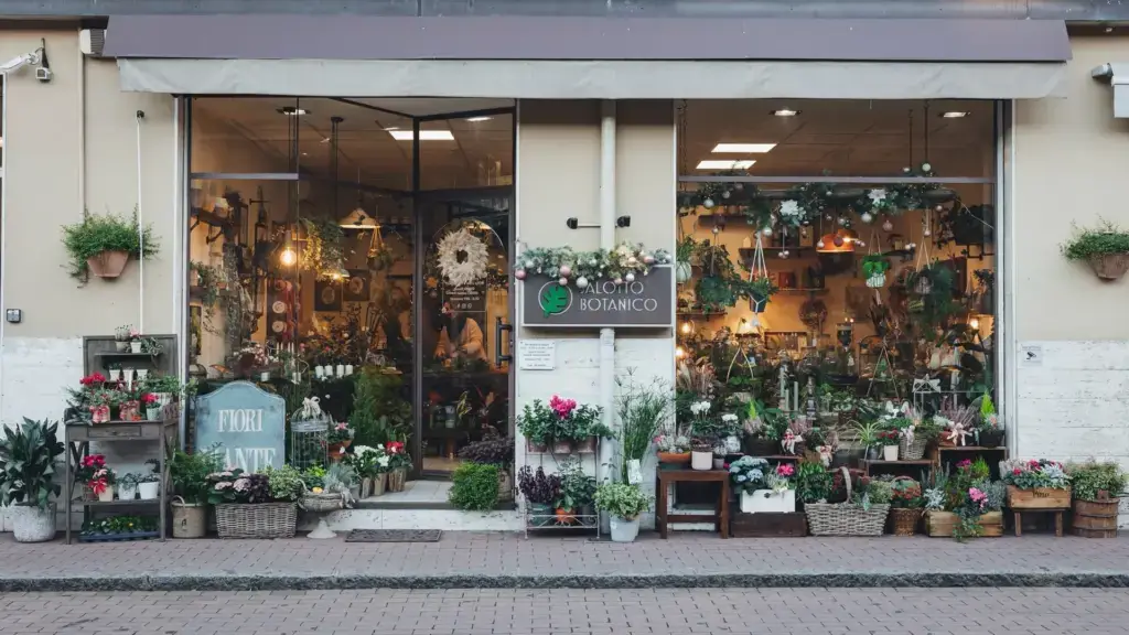 La vetrina di Salotto Botanico in Via Bellucci a Vignola, con le piante esposte sul marciapiede
