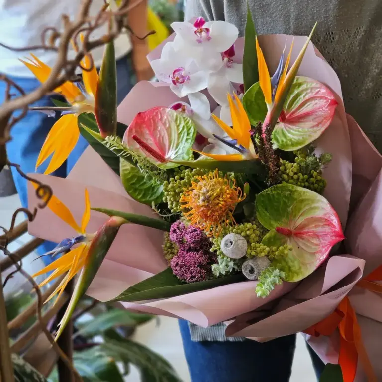 Composizione tropicale con anthurium, sterlizie e orchidee