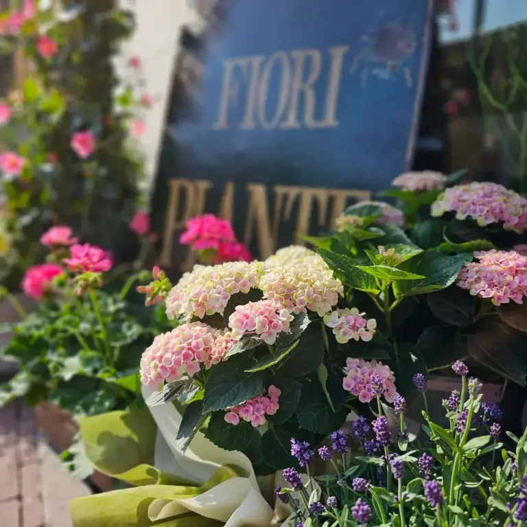 Ghirlanda di fiori freschi rosa e lilla appoggiata accanto all'insegna della bottega