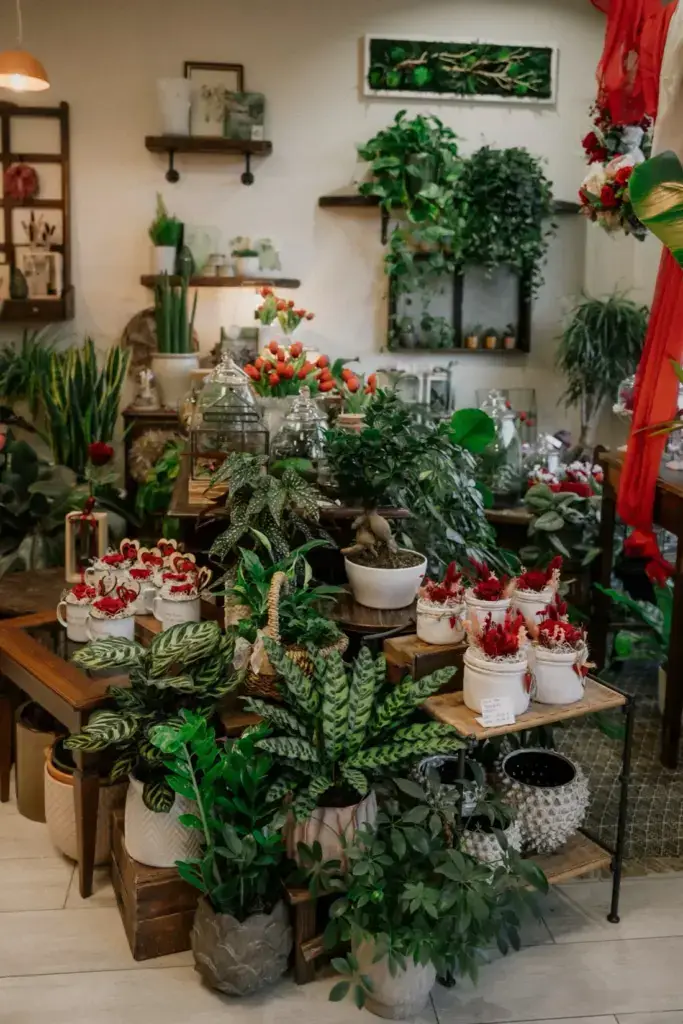 Piante da interno in vasetti bianchi sui tavoli della bottega